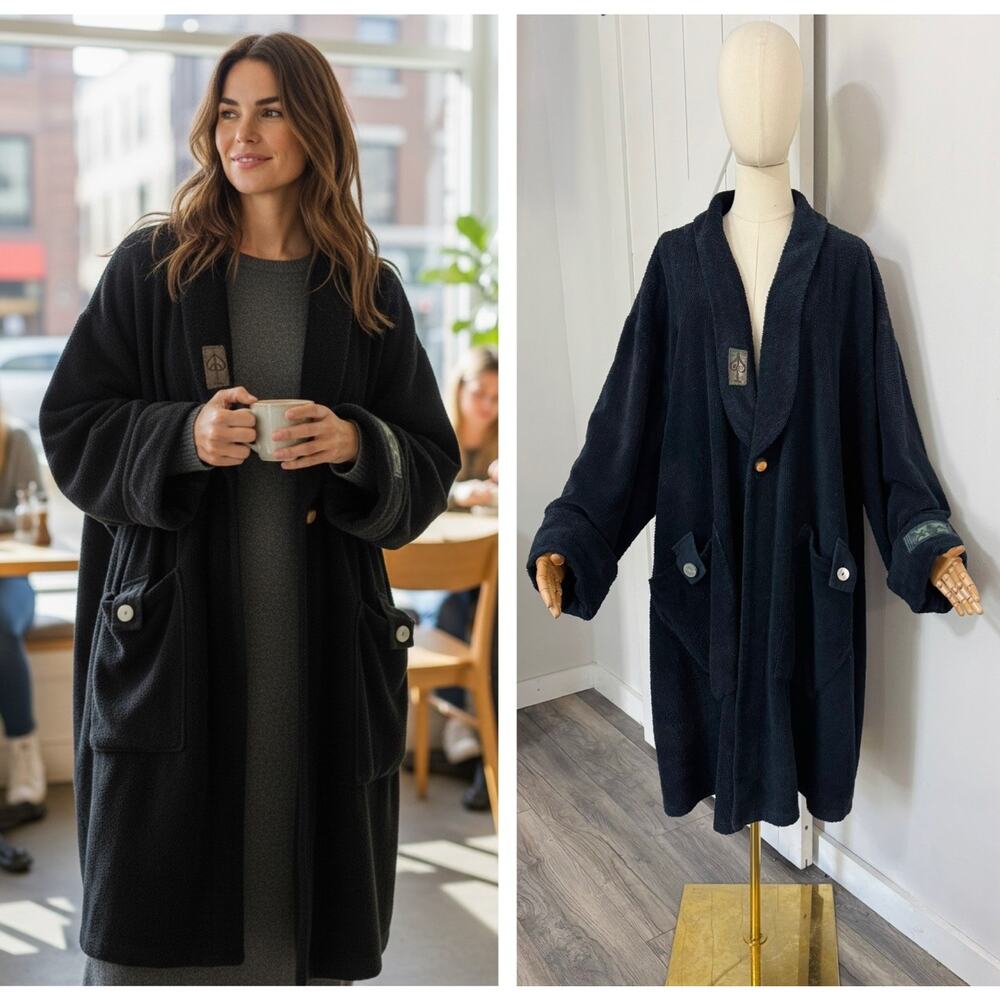 Blue Fish Women Size 2 Black French Terry Cotton Lagenlook Hand painted Coat